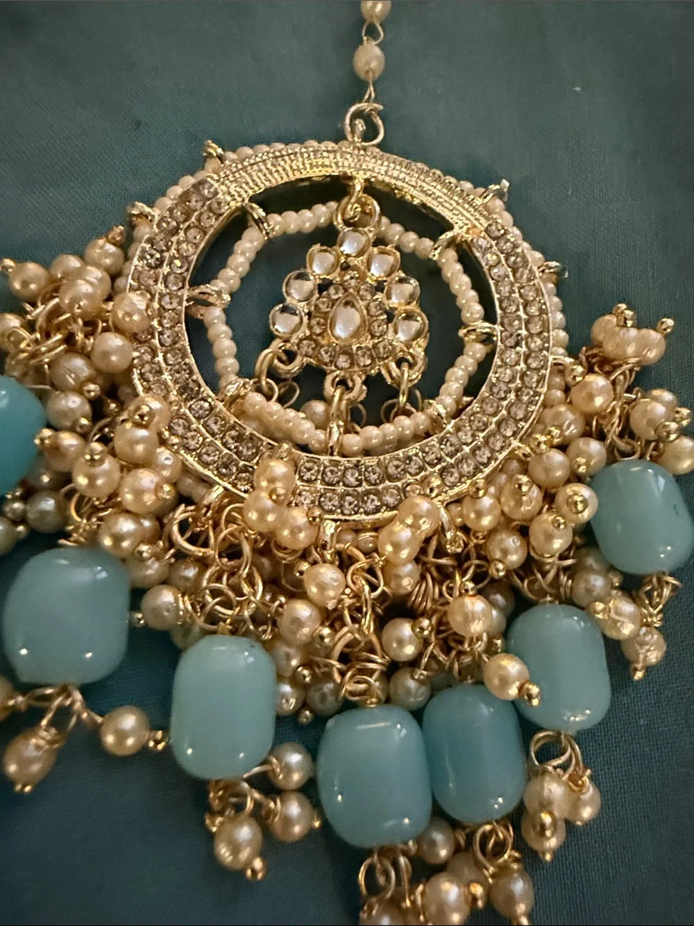 Gold-Tone Pearl Chandbali Earrings and Tikka Set